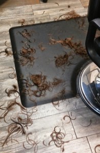 Brown hair clippings scattered on a plank floor in a salon.