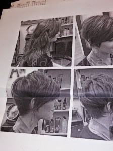 A black and white print out of a woman's hair. The first picture shows a woman with long hair. The other three pictures show the same woman with a long pixie haircut from the back and both sides.