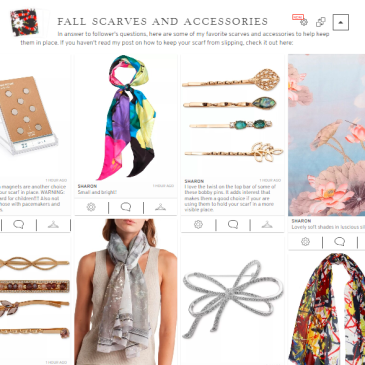 Image of several scarves, brooches and bobby pins